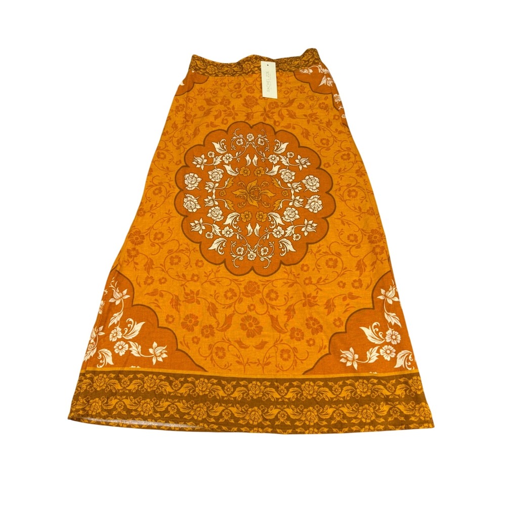 Rachel Zoe | Mustard Orange Floral Medallion Linen Blend Maxi Skirt | Small - Picture 4 of 16